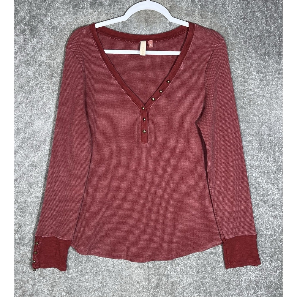 Anthropologie Pilcro Waffle Slub Knit Vneck Henley Top Womens Sz XL Red Burgundy